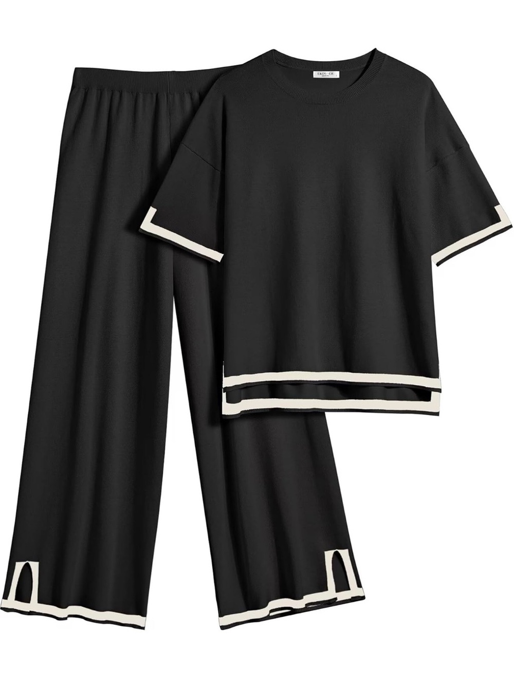 Ekouaer NWT 2X Black Knit Lounge Set Wide Leg Pants Matching 2 Piece